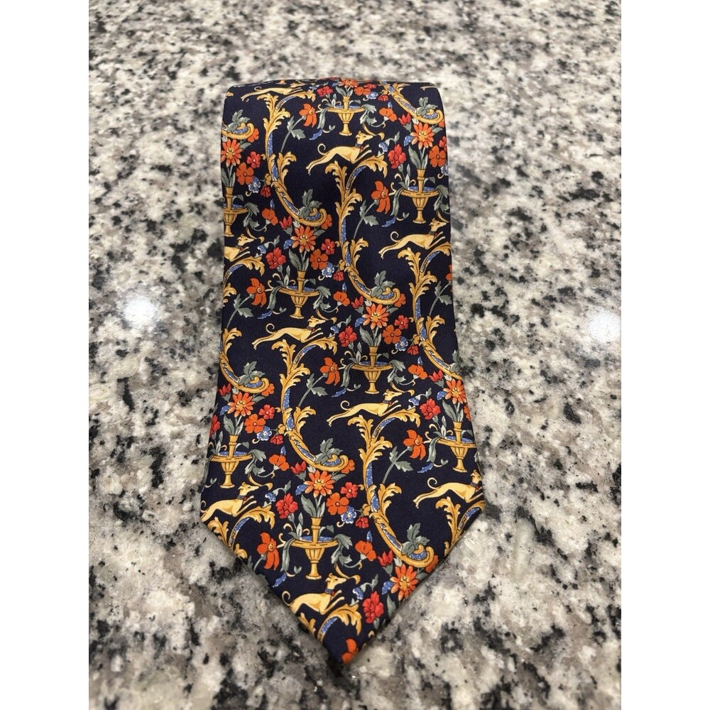 Burberry London Silk Tie Vintage Navy Gold Greyhound